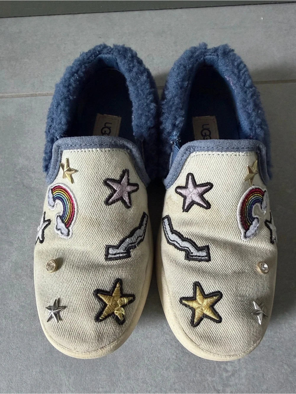 UGG Kids Patch It Slip-On Sneakers Bleach Denim Navy Sherling Colorful Patches 1
